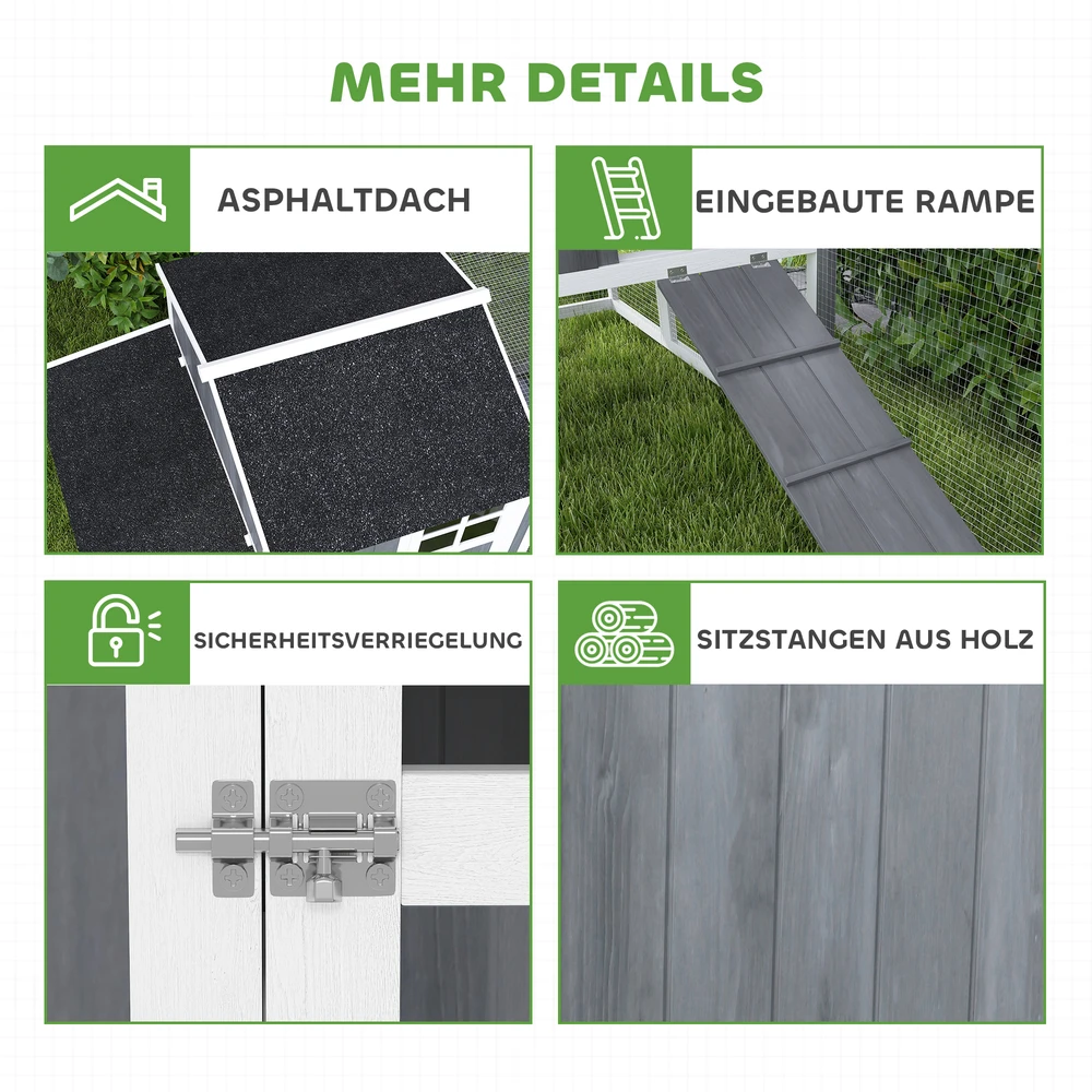 Aosom Vištidė su voljeru, skirta 3–4 vištoms, 3 dalių lizdavietė, 1,9 m², fir mediena, pilka
