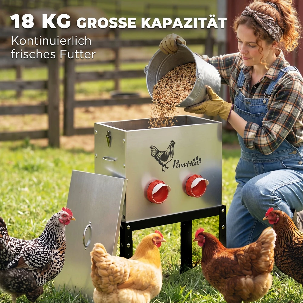 Aosom Vištų lesyklė, 18 kg talpa, užrakinamas dangtis, reguliuojamos kojelės, 6 angos, 42 x 25 x 55,5 cm, sidabrinė