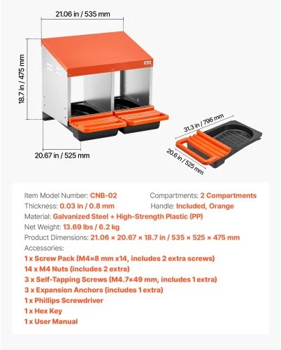 Koduva Vištų lizdas VEVOR, 2 skyrių, cinkuotas plienas ir PP plastikas, oranžinis, 54 x 53 x 48 cm