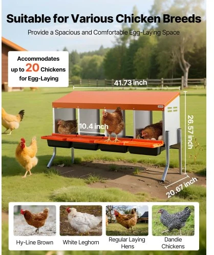 VEVOR Vištų lizdas, 4 skyriai, su atraminėmis kojomis, cinkuotas plienas ir PP plastikas, oranžinis, 106 x 53 x 68 cm