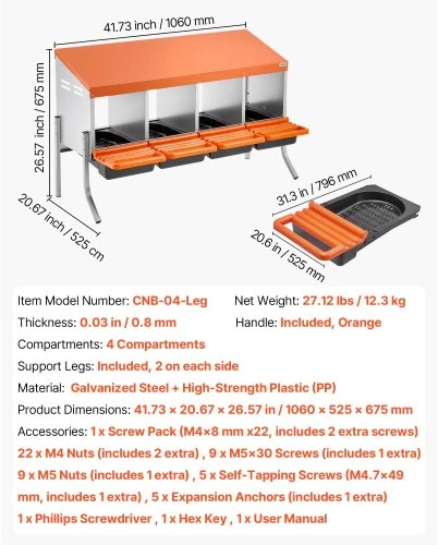 VEVOR Vištų lizdas, 4 skyriai, su atraminėmis kojomis, cinkuotas plienas ir PP plastikas, oranžinis, 106 x 53 x 68 cm