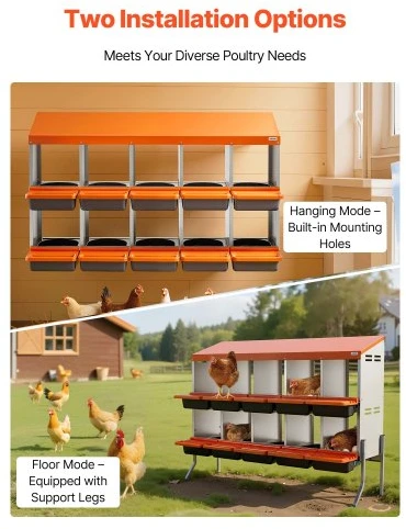 Koduva Vištų lizdinė dėžė VEVOR, 10 skyrių, su atraminėmis kojomis, cinkuotas plienas ir PP plastikas, oranžinė, 132 x 53 x 99 cm