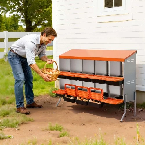 Koduva Vištų lizdinė dėžė VEVOR, 10 skyrių, su atraminėmis kojomis, cinkuotas plienas ir PP plastikas, oranžinė, 132 x 53 x 99 cm