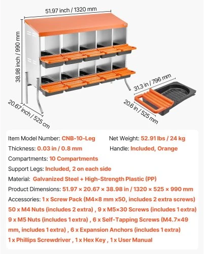 Koduva Vištų lizdinė dėžė VEVOR, 10 skyrių, su atraminėmis kojomis, cinkuotas plienas ir PP plastikas, oranžinė, 132 x 53 x 99 cm
