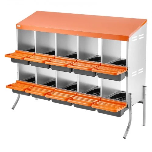 Koduva Vištų lizdinė dėžė VEVOR, 10 skyrių, su atraminėmis kojomis, cinkuotas plienas ir PP plastikas, oranžinė, 132 x 53 x 99 cm