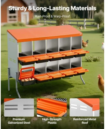 Koduva Vištų lizdinė dėžė VEVOR, 10 skyrių, su atraminėmis kojomis, cinkuotas plienas ir PP plastikas, oranžinė, 132 x 53 x 99 cm