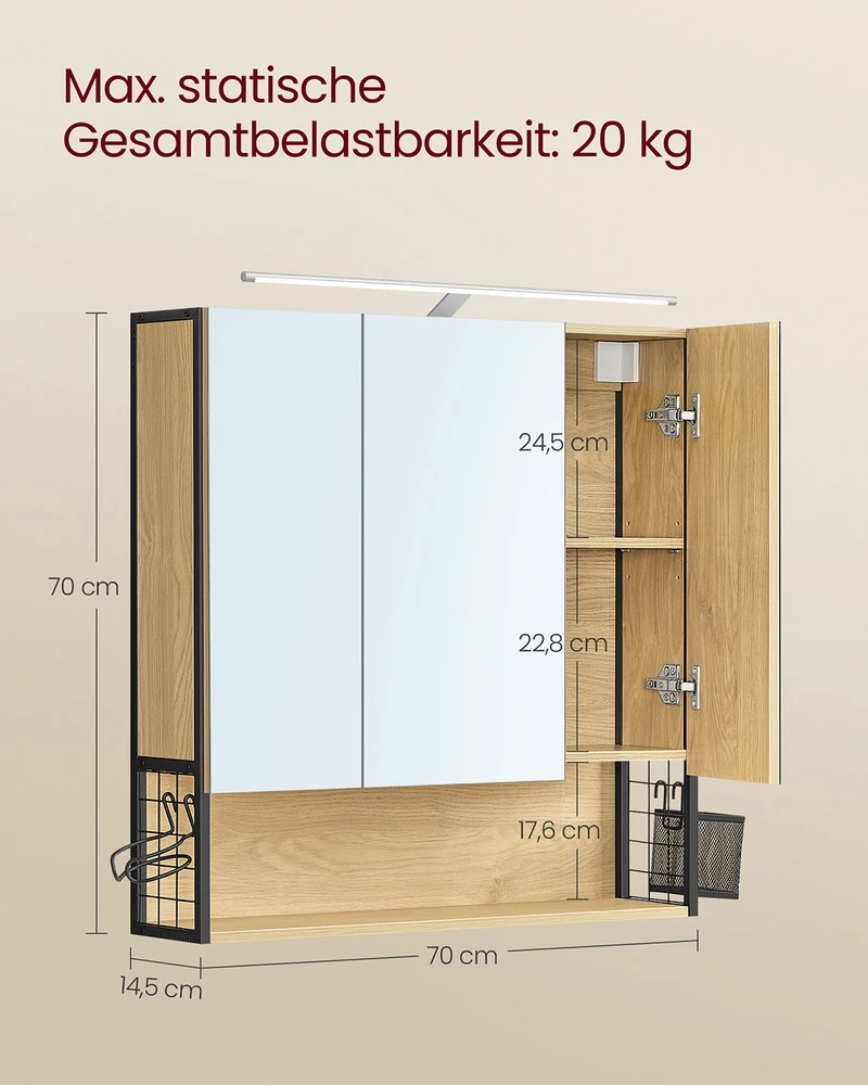Koduva Vonios kambario veidrodinė spintelė su LED apšvietimu, 14,5 x 70 x 70 cm, natūralaus ąžuolo spalvos