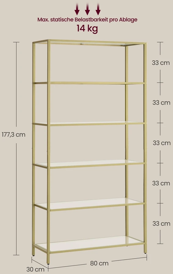 Koduva Vonios lentyna su 6 lentynomis, grūdintas stiklas ir metalas, 30 x 80 x 177,3 cm, skaidri, aukso spalvos
