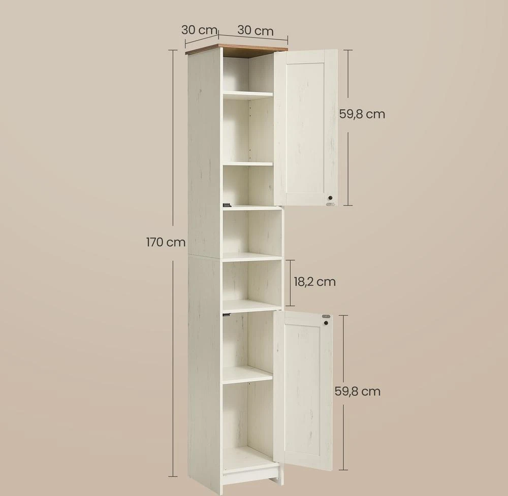 Songmics Vonios spintelė, balta, su reguliuojamomis lentynomis, 30 x 30 x 170 cm