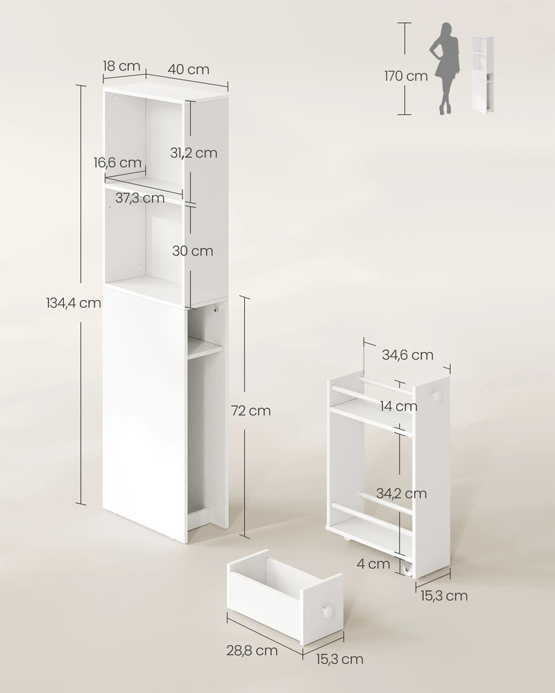 Songmics Vonios spintelė, siaura, 40 x 18 x 134,4 cm, medžio drožlių plokštė, klasikinė balta