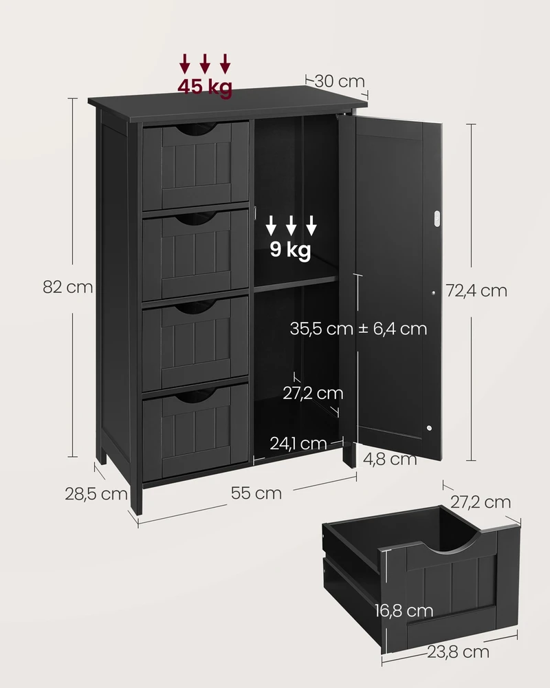 Songmics Vonios spintelė su 4 stalčiais ir durelėmis, MDF, 30 x 55 x 82 cm, juoda