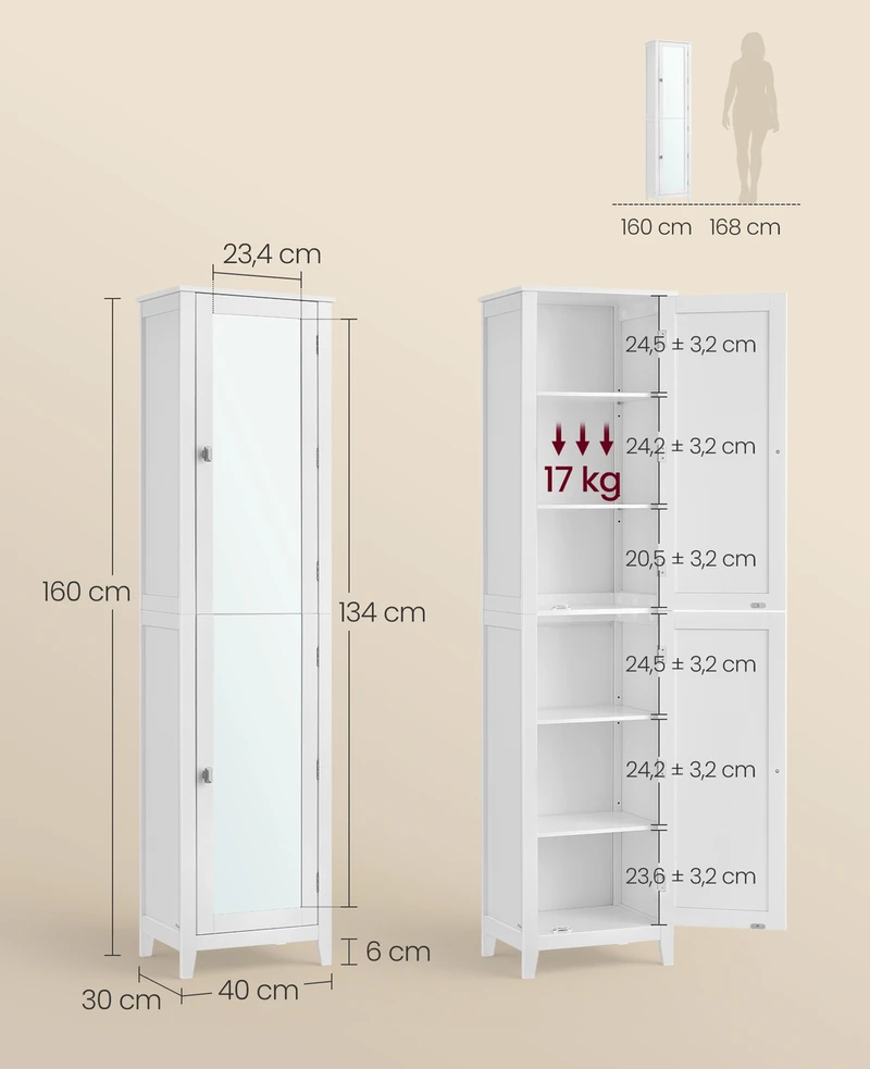 Songmics Vonios spintelė su viso ūgio veidrodžiu, MDF, 30 x 40 x 160 cm, balta
