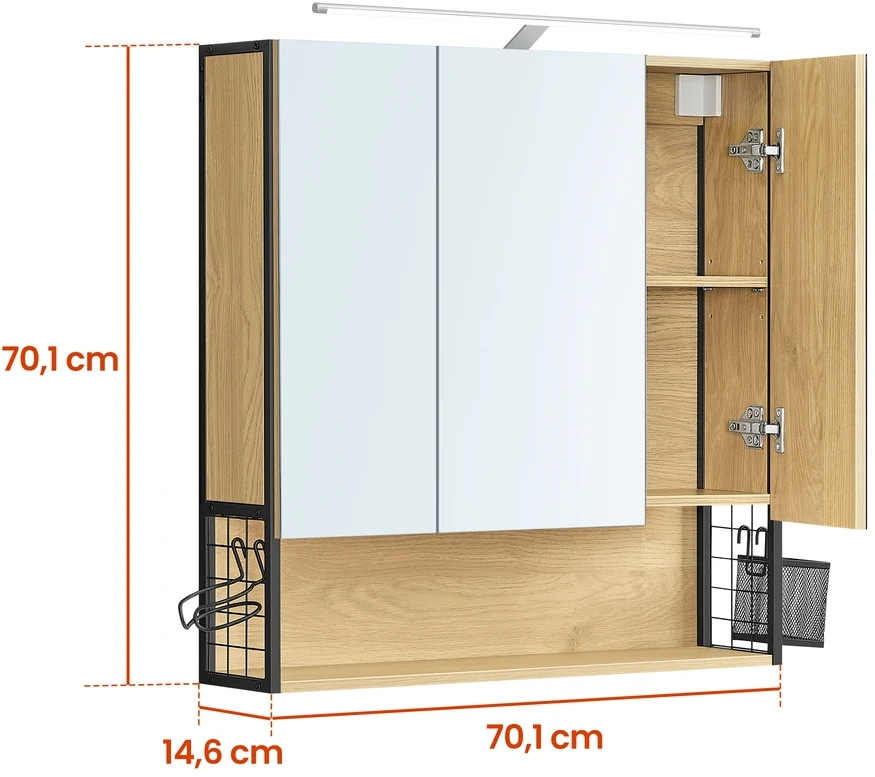 Koduva Vonios veidrodinė spintelė su LED apšvietimu, 14,5 x 70 x 70 cm, ąžuolo spalvos