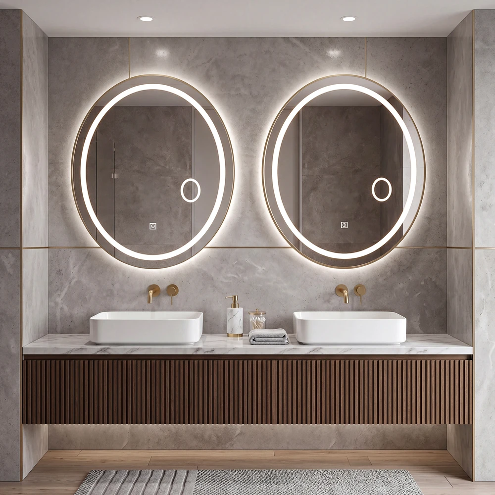 Promotion Vonios veidrodis su apšvietimu 60 x 50 cm ovalus, reguliuojamas LED sieninis veidrodis, 3 šviesos spalvos