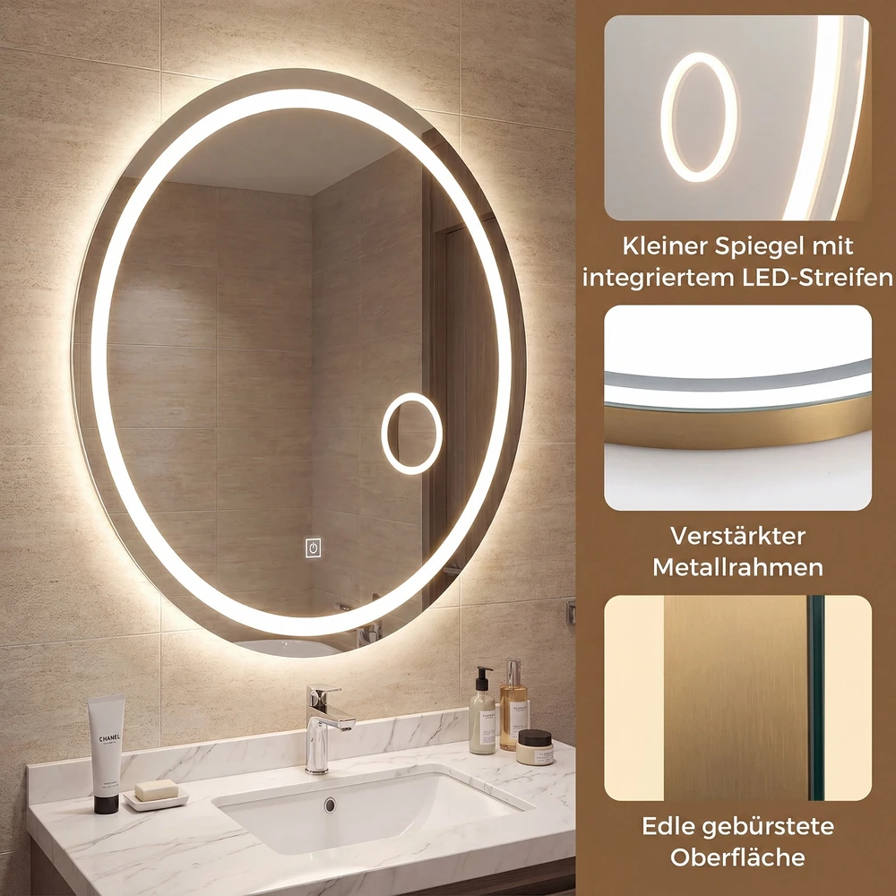 Promotion Vonios veidrodis su apšvietimu 60 x 50 cm ovalus, reguliuojamas LED sieninis veidrodis, 3 šviesos spalvos