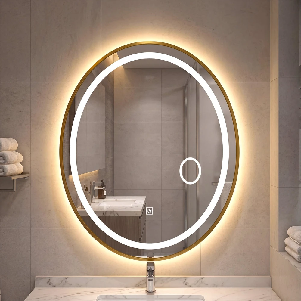 Promotion Vonios veidrodis su apšvietimu 60 x 50 cm ovalus, reguliuojamas LED sieninis veidrodis, 3 šviesos spalvos