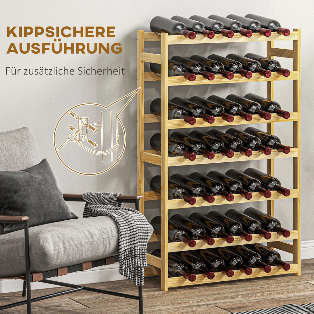 Aosom Vyno lentyna, 7 aukštų, 42 buteliams, su apsauga nuo apvirtimo, pušies mediena, natūrali, 63 x 25 x 102 cm