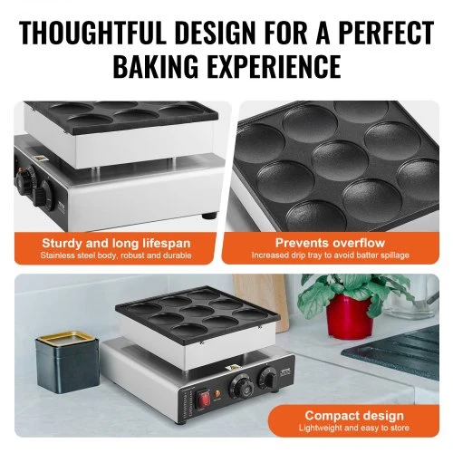 Koduva Waffle makeris ir crepe aparatas VEVOR PC-9, 9 vnt., 76 mm, 850 W, sidabrinis, nerūdijantis plienas