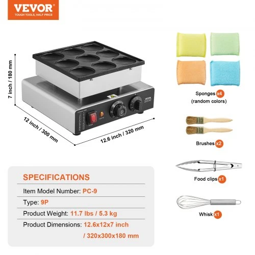 Koduva Waffle makeris ir crepe aparatas VEVOR PC-9, 9 vnt., 76 mm, 850 W, sidabrinis, nerūdijantis plienas