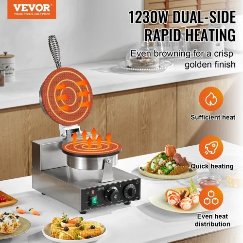 Koduva Waffle makeris VEVOR HT-1A, 1230 W, sidabrinis, nerūdijančio plieno