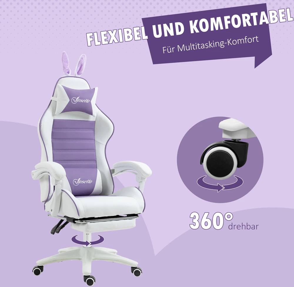 Aosom Žaidimų kėdė su juosmens atrama, pakoju, violetinė ir balta, 65 x 63 x 136-142 cm