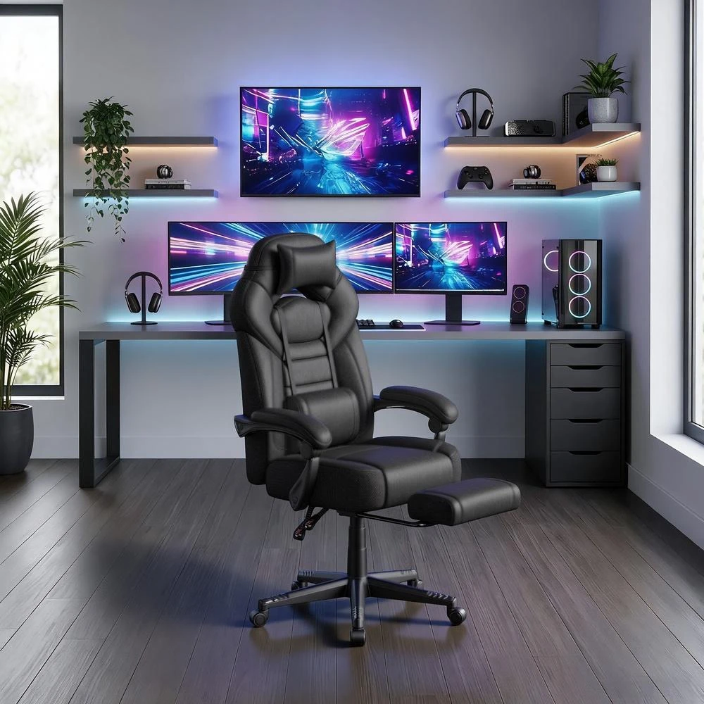Koduva Žaidimų kėdė su kojų atrama, ergonomiška, juoda, 70 x 70 x 122–134 cm