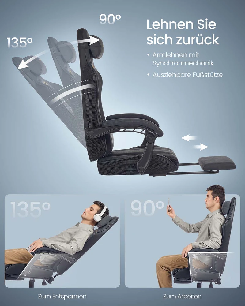 Koduva Žaidimų kėdė su kojų atrama, juoda, 70 x 70 x 123,5–133 cm, iki 150 kg