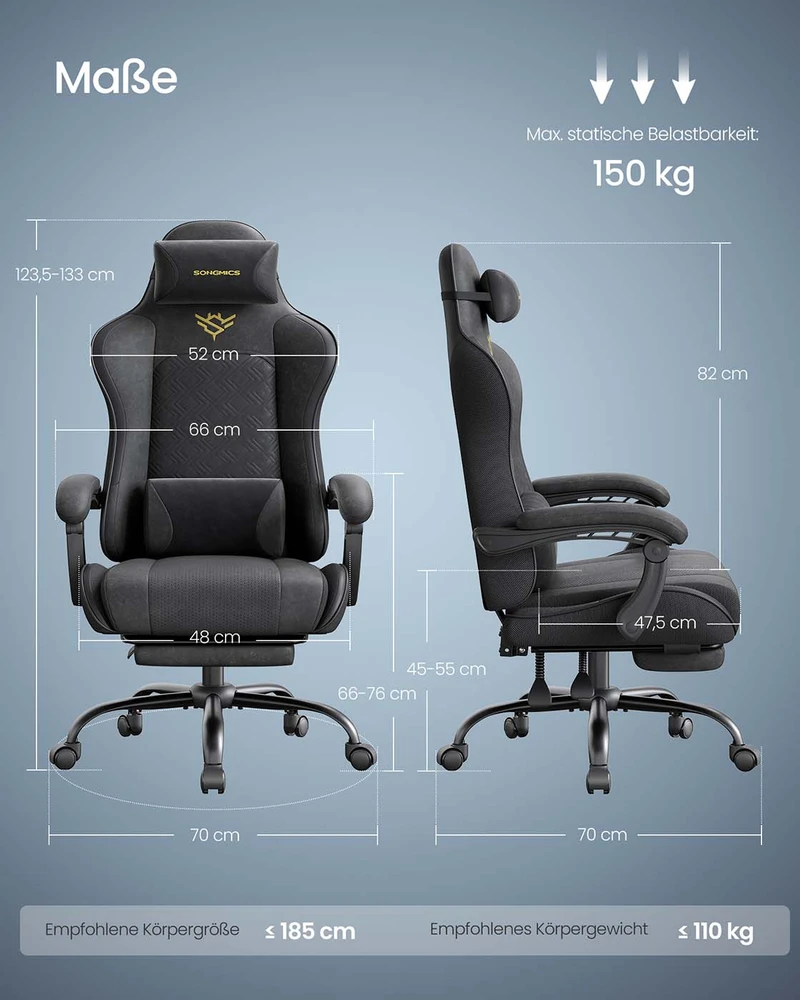 Koduva Žaidimų kėdė su kojų atrama, juoda, 70 x 70 x 123,5–133 cm, iki 150 kg