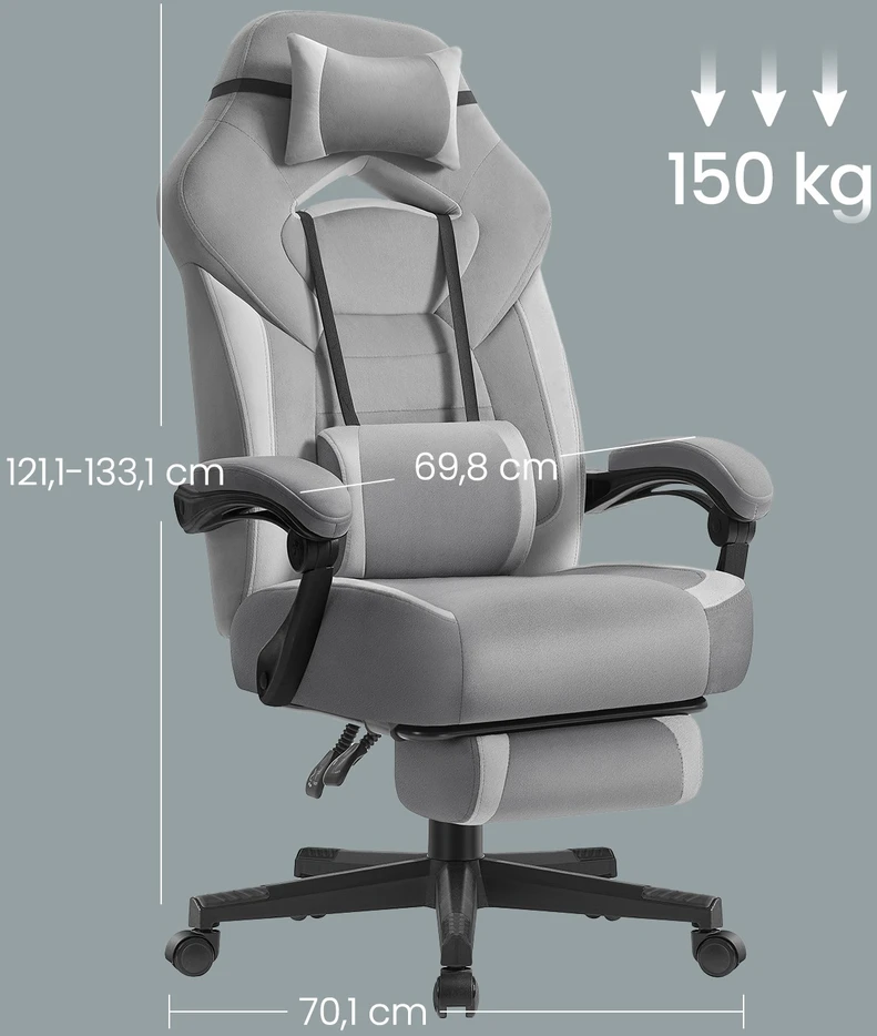 Koduva Žaidimų kėdė su kojų atrama, reguliuojamo aukščio, pilka, 72,4 x 69,7 x 118–128 cm