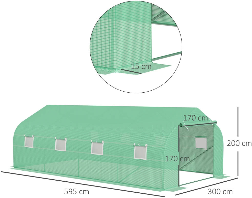 Aosom Žalias praeinamas plėvelinis šiltnamis su dvišlaičiu stogu, 595 × 300 × 200 cm