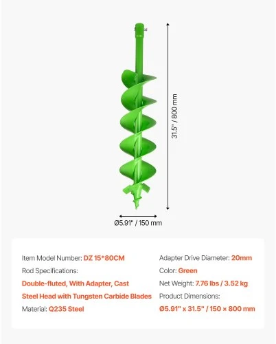 Koduva Žemės grąžtas VEVOR DZ 15*80CM, 150 x 800 mm, žalias