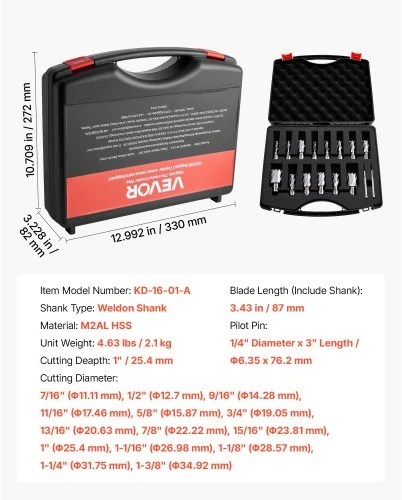 Koduva Žiedinių frezų rinkinys VEVOR, 16 vnt., Weldon kotas, HSS, 25,4 mm pjovimo gylis, 11,11-34,92 mm