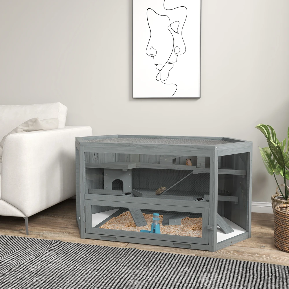 Aosom Žiurkėno narvas, 3 aukštai, išimamas padėklas, mediena/metalas, pilkas, 115 x 60 x 55 cm