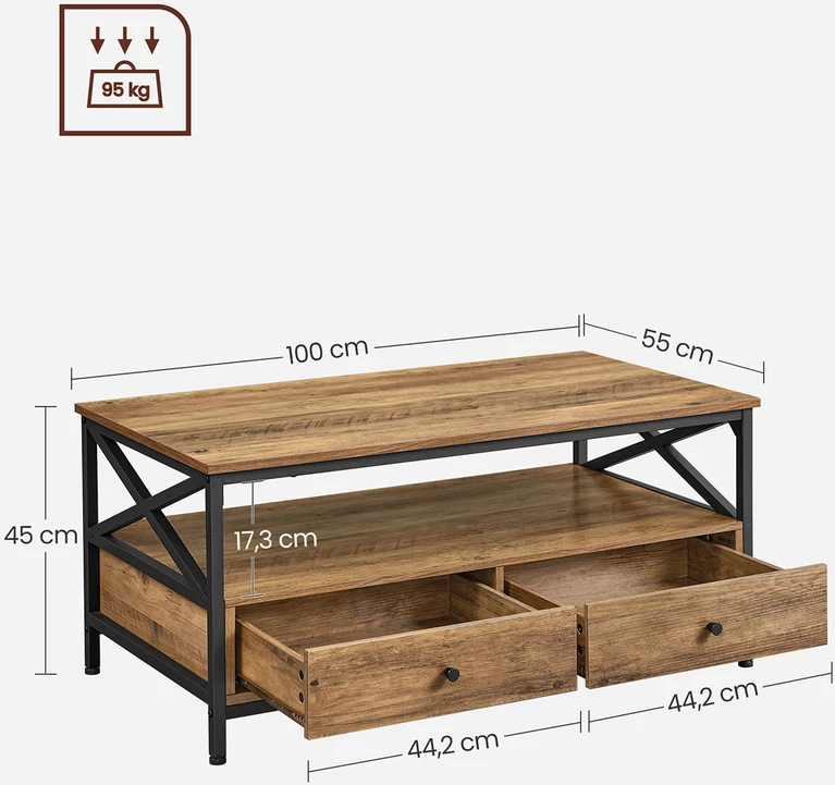 Songmics Žurnalinis staliukas su stalčiais, 100 x 55 x 45 cm, medžio drožlių plokštė ir plienas, riešutų rudas-juodas