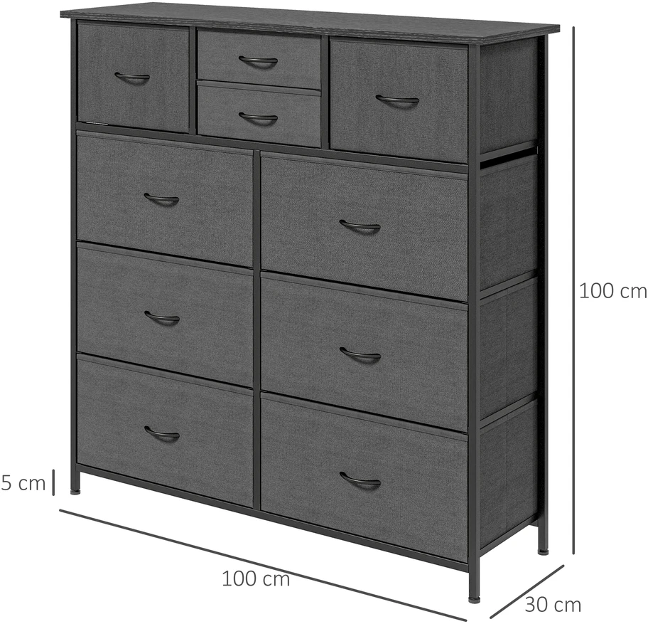 Aosom Komoda–indauja su medžiaginiais stalčiais, 10 skyrių, metalinis rėmas, 100 x 30 x 100 cm, juoda