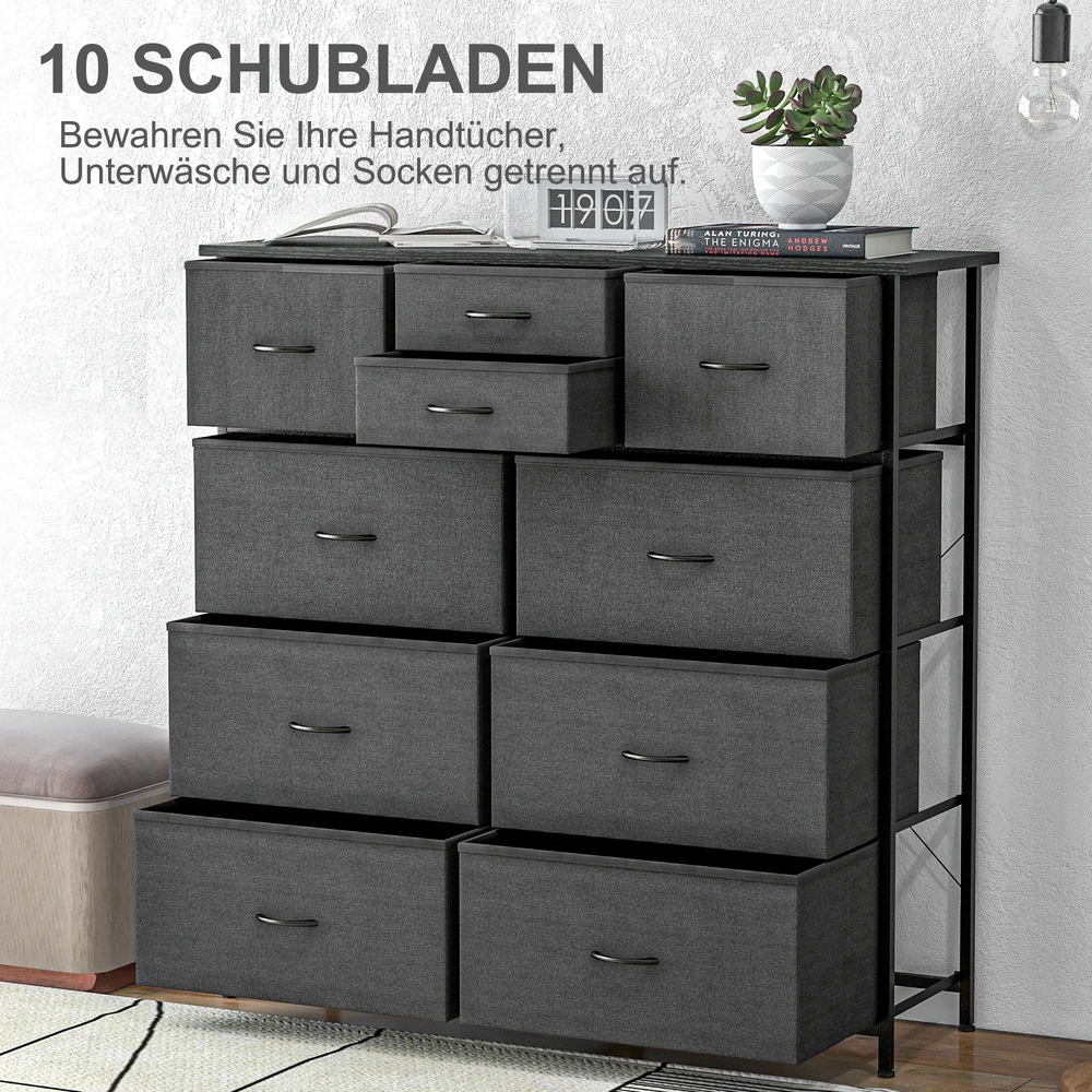 Aosom Komoda–indauja su medžiaginiais stalčiais, 10 skyrių, metalinis rėmas, 100 x 30 x 100 cm, juoda