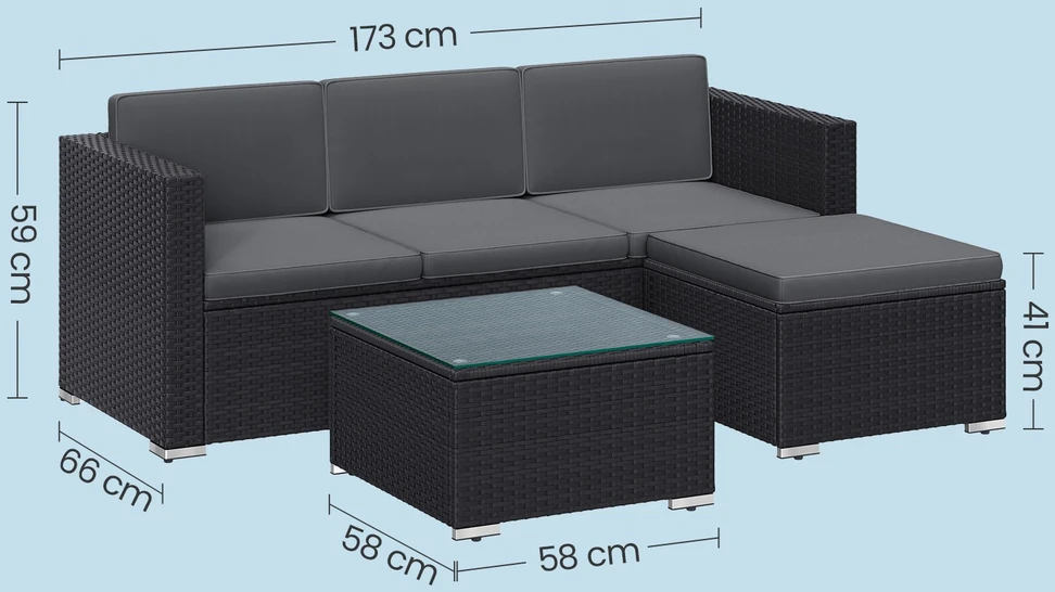 Lauko baldų komplektas Koduva Sodo baldų komplektas iš PE poliratano, juodai pilkas, 3 vietų sofa, staliukas ir pakojis