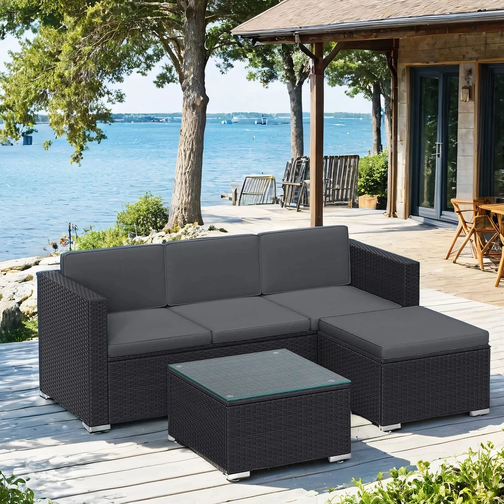 Lauko baldų komplektas Koduva Sodo baldų komplektas iš PE poliratano, juodai pilkas, 3 vietų sofa, staliukas ir pakojis