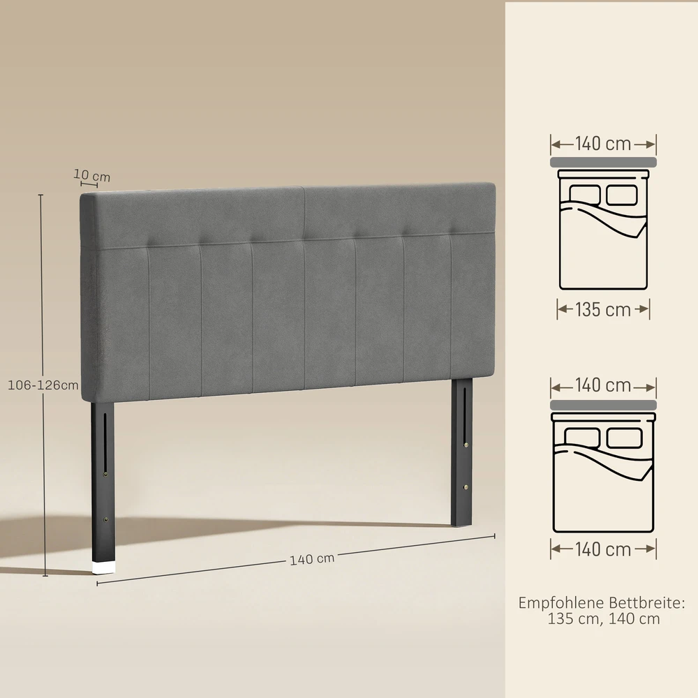Lova Aosom 3 kartus reguliuojamas lovos galvūgalis su metalinėmis kojelėmis, pilkas, 140 x 10 x 106-126 cm
