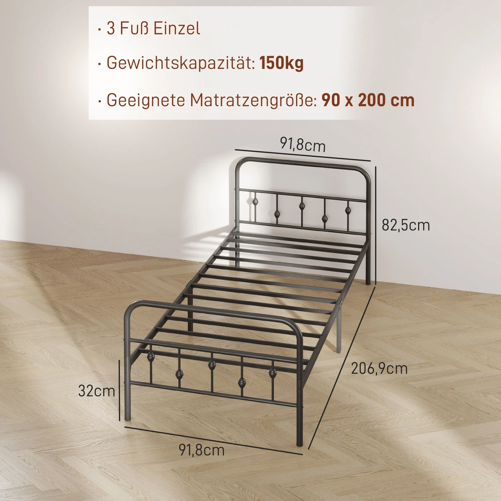 Lova Aosom Viengulės lovos rėmas, metalinis, juodas, 206,9 x 91,8 x 82,5 cm