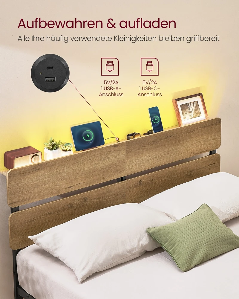 Lova Koduva Dvigulės lovos rėmas 140 x 200 cm, plieno, su LED apšvietimu, natūraliai rudas