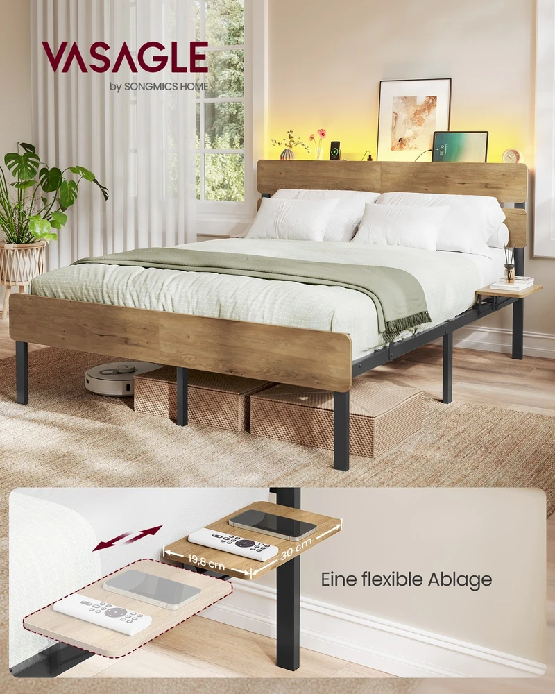 Lova Koduva Dvigulės lovos rėmas 140 x 200 cm, plieno, su LED apšvietimu, natūraliai rudas