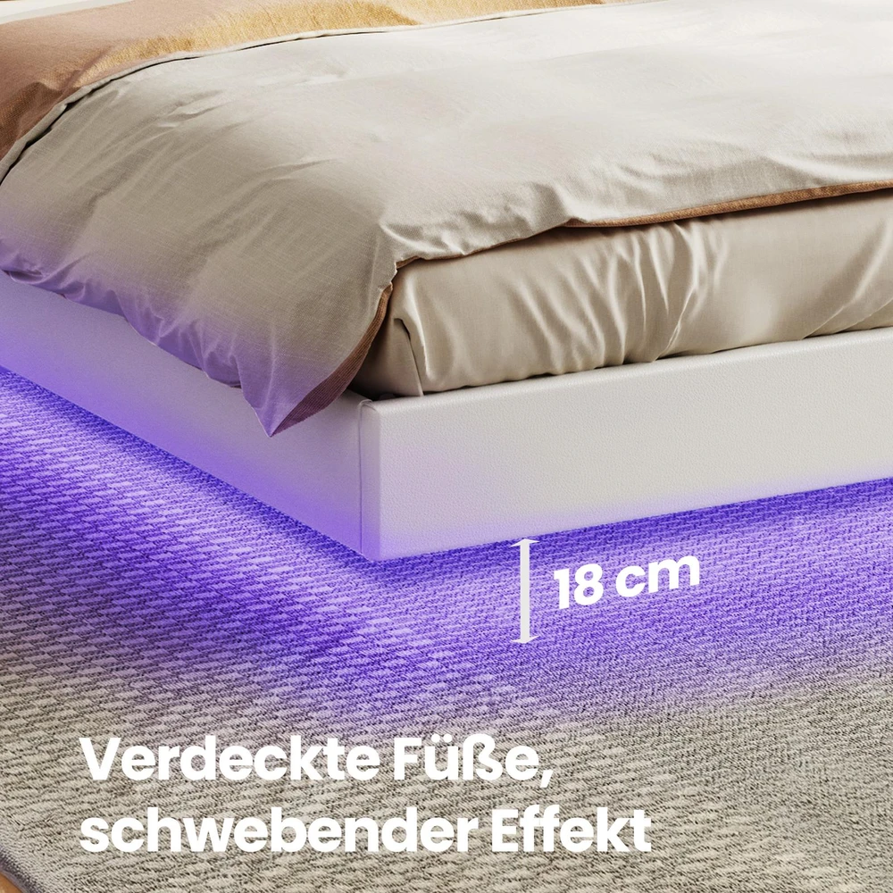 Lova Koduva Dvigulės lovos rėmas 140 x 200 cm, baltas, su aukštu galvūgaliu ir LED apšvietimu
