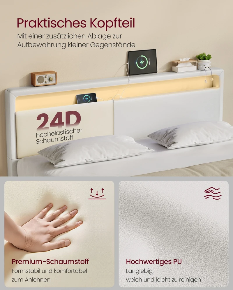 Lova Koduva Dvigulės lovos rėmas 140 x 200 cm su LED apšvietimu ir įkrovimo stotele, baltas