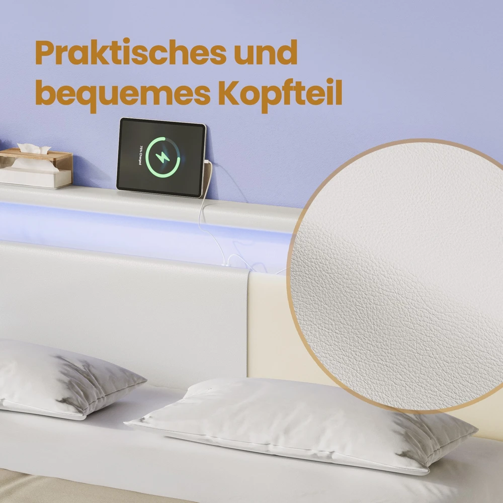 Lova Koduva Dvigulės lovos rėmas 140 x 200 cm, baltas, su aukštu galvūgaliu ir LED apšvietimu