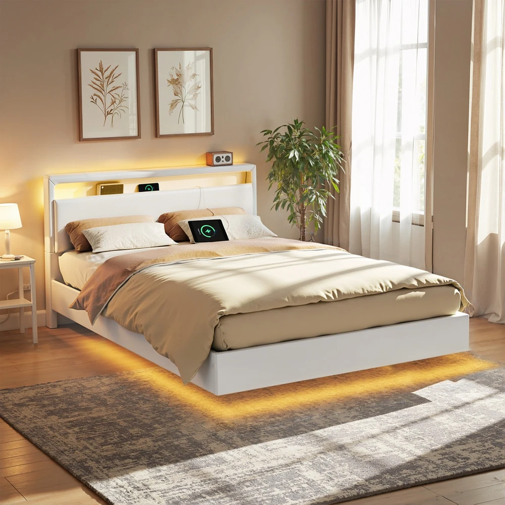 Lova Koduva Dvigulės lovos rėmas 140 x 200 cm, baltas, su aukštu galvūgaliu ir LED apšvietimu