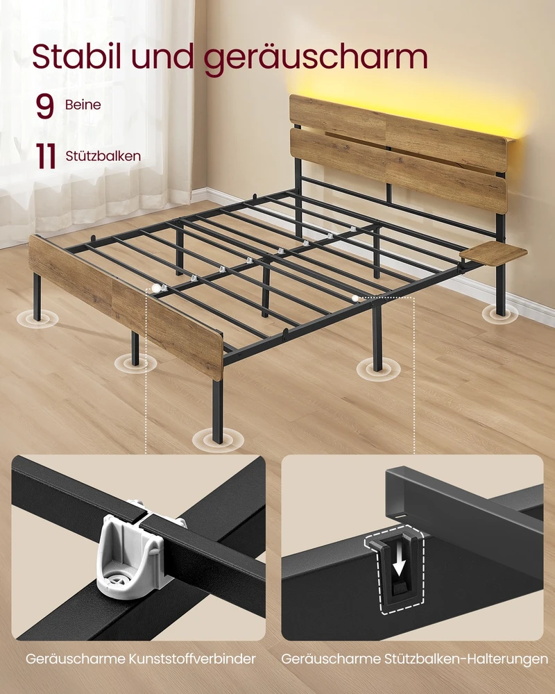 Lova Koduva Dvigulės lovos rėmas 140 x 200 cm, plieno, su LED apšvietimu, natūraliai rudas