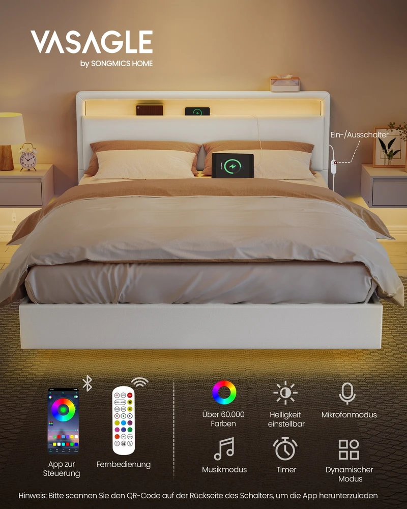 Lova Koduva Dvigulės lovos rėmas 140 x 200 cm su LED apšvietimu ir įkrovimo stotele, baltas