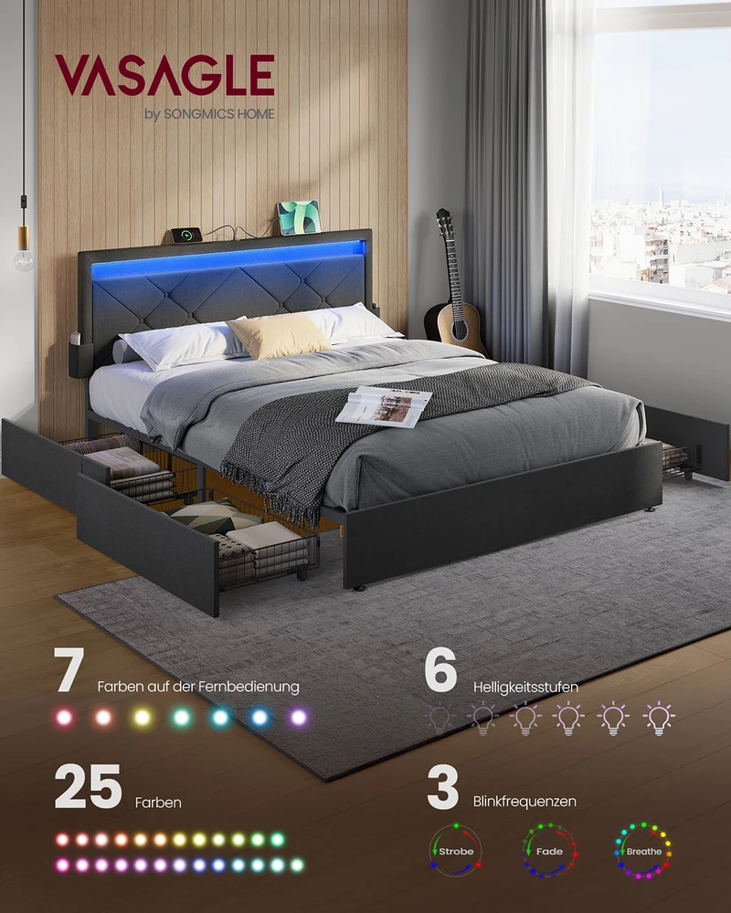 Lova Koduva Dvigulės lovos rėmas 160 x 200 cm su LED, 4 stalčiais ir įkrovimo stotele