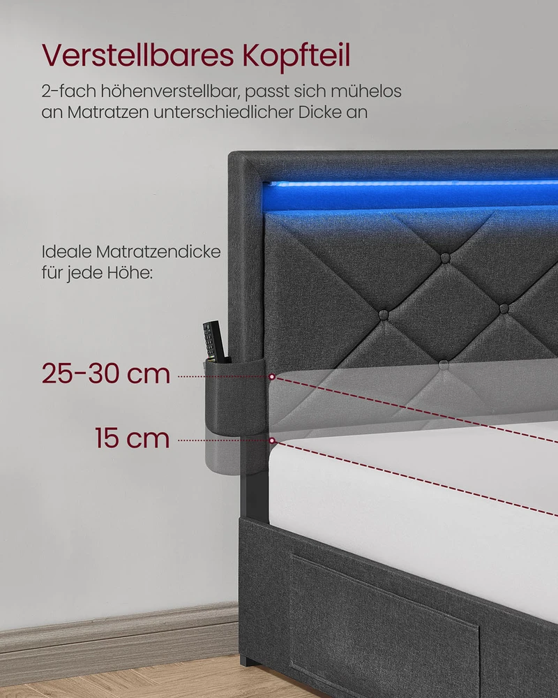 Lova Koduva Dvigulės lovos rėmas 160 x 200 cm su LED, 4 stalčiais ir įkrovimo stotele